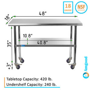 18" X 48" Stainless Steel Table With Wheels | NSF Prep Metal Work Table Casters