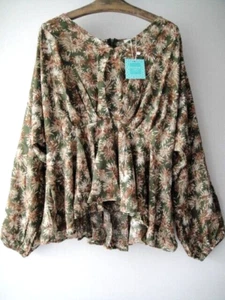 Blusa Hayden taglia L marrone oliva floreale manica lunga plissettata con volant nuova - Foto 1 di 8