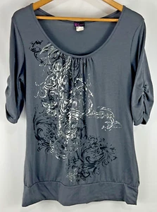 AGENDA Casual Blouse XL Gray Silver Graphic 3/4 Sleeve Women's - Picture 1 of 8