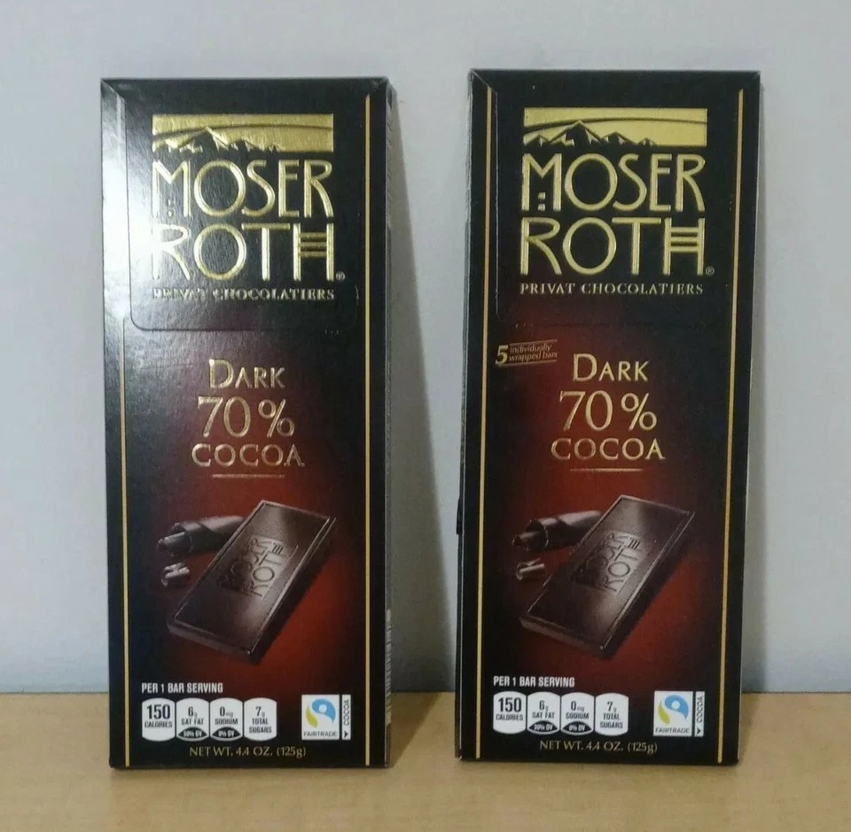 1 PACK MOSER ROTH Dark Chocolate Bars 70 Cocoa (5 bars ea pkg) German Made