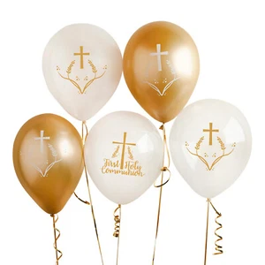 5 LARGE 1st HOLY COMMUNION balloons gold & white each balloon with a cross - Picture 1 of 3