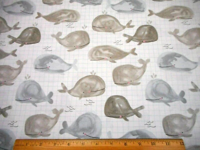 Nursery Fabric By Yard Smiling Gray Whales White Premium Cotton Fish Baby #B C - Image 1 of 2