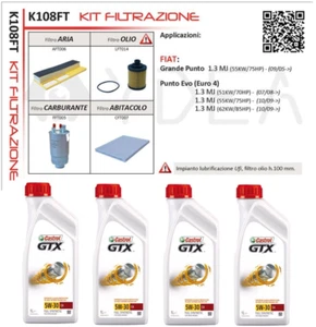 KIT 4 FILTRI TAGLIANDO FIAT GRANDE PUNTO 199 1.3 + CASTROL 5W/30 K108FT - Imagen 1 de 1