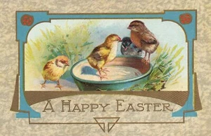 Postal de pollitos de Pascua de 1908 en cuenco de agua   - Imagen 1 de 2
