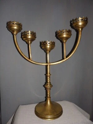 GRAND PIQUE CIERGE BOUGEOIR D'EGLISE CANDLESTICK 5 BRAS STYLE NEOGOTHIQUE - Photo 1/4