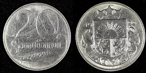 LETONIA 1922 20 Santimu golpeado en Huguenin 1 año tipo KM# 5 (26 915) - Imagen 1 de 3