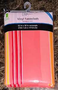 Mainstays Vinyl Tablecloth 52" x 70" NEW Striped Pink Orange White Reusable - Picture 1 of 2