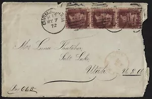 UK GB 1872 PENNY RED STRIP OF 3 PLATE 140 BIRMINGHAM TO SALT LAKE CITY UTAH USA - Picture 1 of 1