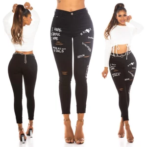 Koucla Jeans Damen Skinny Jeanshose Used Look High Waist Print Schwarz S / 34 - Bild 1 von 9