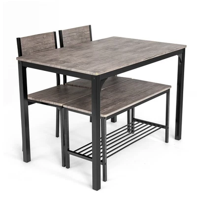 Costway 4pcs Dining Table Set Rustic Desk Bench & 2 Chairsw/ Storage Rack Grey - Image 1 of 4