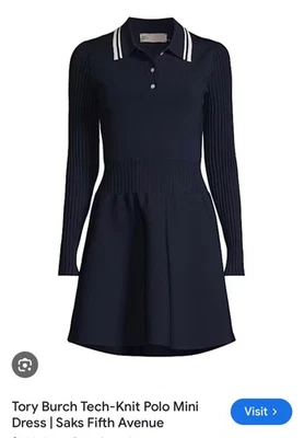 Tory Burch Tech Knit Polo Long Sleeve Mini Dress - Tory Navy - Size Small.    - Image 1 of 4