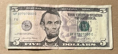2021 $5 Dollar Bill Note Binary QF 07707000 Circulated Fancy Serial Number - Image 1 of 2