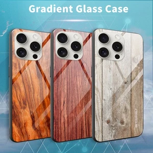 For iPhone 13 14 15+ 16 Pro Max Shockproof Slim Anti-Slip Wood Grain Glass Case - Picture 1 of 12
