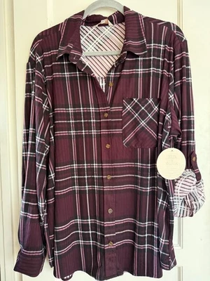 NUEVO CON ETIQUETAS Camisa Eden & Olivia Anthropologie Tejida Top Botones Talla Grande 2X 3X Ciruela a Cuadros Foto 1 de 3