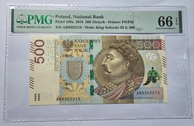 Polonia 500 Zlotych 2016 PMG 66 EPQ UNC P#190a King Jan III Sobieski Series AB Foto 1 de 2