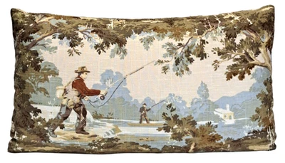 Fly Fishing Toile Avondale Decorative 14x24 Throw Pillow Cover Lumbar Linen - Image 1 of 4