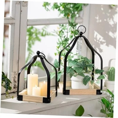  Farmhouse Candle Lantern Decorative: Set of 2 Rustic Wood Candle Holder for  - Image 1 of 4