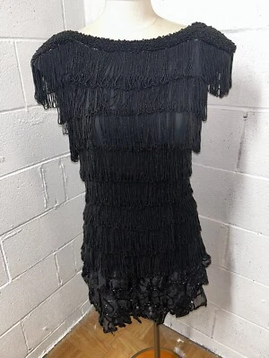 Vestido Vintage Fabrice New York Couture Años 20 Renacimiento Aleta Negro Cuentas Seda Med Foto 1 de 4