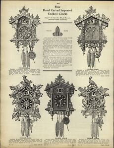 1915 PAPER AD 3 PG Black Forest Germany Cuckoo Clock Hand Carved Quail 