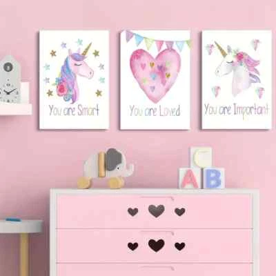 Rainbow Unicorn Canvas Painting Kids Bedroom Wall Art SMART LOVED IMPORTANT - Image 1 of 4