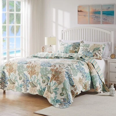 Набор одеял Queen Quilt Coastal тропические пляжные морские коньки кораллы ракушки постельное белье 3 шт. - Изображение 1 из 4