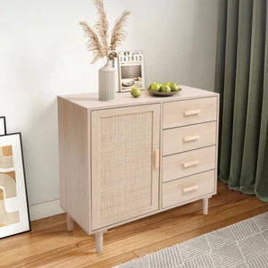 Chest of 4 Drawers Bedside Table Cabinet Rattan Woven Door Bedroom Furniture NEW - Picture 1 of 12