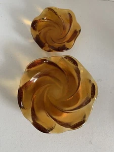 VTG Pair Fenton Amber Textured Swirled Glass Round Ashtrays Heavy Thick - Picture 1 of 6