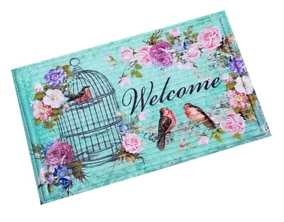 Capacho de boas-vindas ao ar livre gaiola primavera flores pássaros 18 x 30 apoio de borracha - Imagem 1 de 4