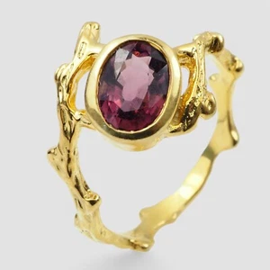 Handmade 24K Gold Plated Rings 925 Sterling Silver Pink Red Tourmaline 1.10Ct - Picture 1 of 8
