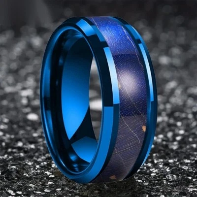 Anillo de carburo de tungsteno 8 mm para hombres y mujeres incrustaciones de madera azul anillo de tungsteno banda él y ella Foto 1 de 4