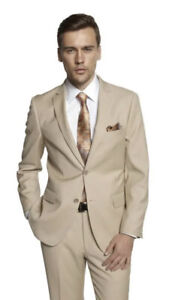 Giorgio Fiorelli Men's 2 Button Suit Size 44L Long Blazer Beige Flat Front Pants