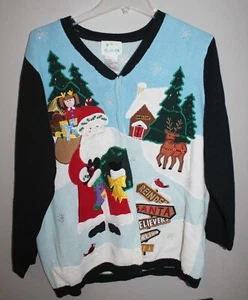 THE QUACKER FACTORY WOMEN'S MULTICOLOR SANTA CHRISTMAS CARDIGAN SWEATER SZ 1X - Picture 1 of 2