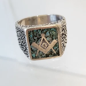Vintage signierter Freimaurer Ring Größe 10,25 Türkis Chip Inlay Nugget Sterlingsilber - Bild 1 von 7