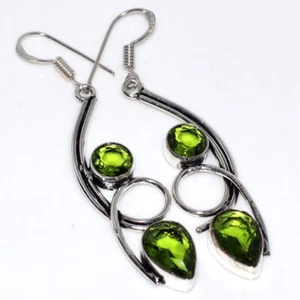 925 Silver Plated Peridot Ethnic Earrings Handmade Jewelry Size 2.5" GW - Picture 1 of 3