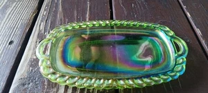 Small Vintage Green Carnaval Glass Iridescent Serving Dish Platter w Handles - Picture 1 of 7