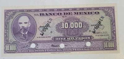 10,000 Pesos 1978 Mexico Unc, Specimen, Series CDL Blue/Purple Seals - Image 1 of 2