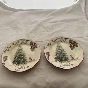 Better Homes & Gardens HERITAGE WINTER FOREST Salad PLATES Christmas Tree BUNNY - Picture 1 of 7