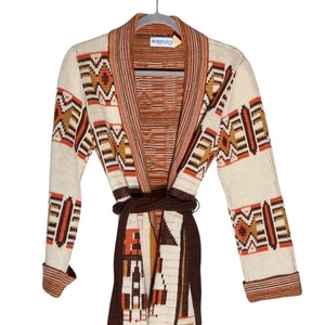 Vintage 70er Strickjacke Pullover Azteken Strick vorne offen Schalkragen Erdtöne Medium - Bild 1 von 10