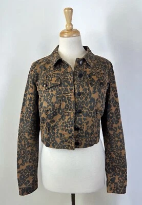 Brown Cheetah Leopard Animal Print Crop Denim Jacket Festival Fun Y2K Style L - Image 1 of 4