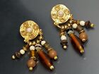Vintage Robert Rose Gold Tone Swirl Circle Glass Bead Signed 2.3" Earrings