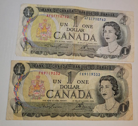 2x  Canadian 1973 One Dollar Bill Banknote Cover