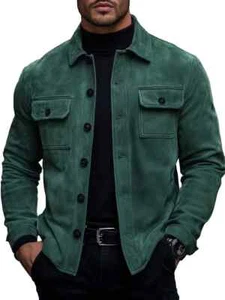 Mens Lapel Double Pocket Vintage Pure Green Suede Jacket Size S M L XL XXL 3XL - Picture 1 of 6