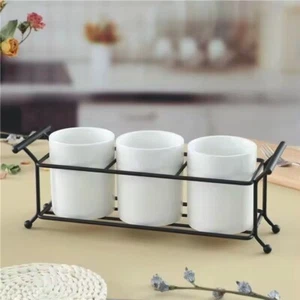 Parini Posate Caddy 3 Pezzi Tazza Portaposate Ceramica Bianca con Supporto in Metallo - Foto 1 di 6