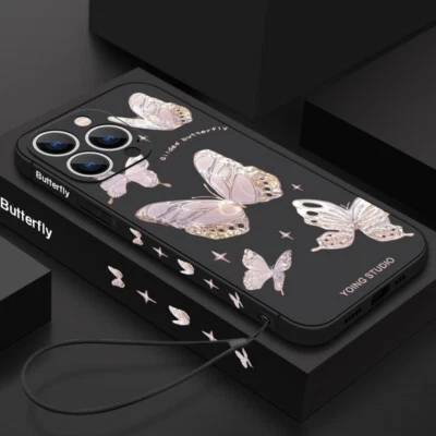 For iPhone 15 Pro Max 14 13 12 11 XR Butterfly With Strap Soft Clear Case Cover - Image 1 of 4