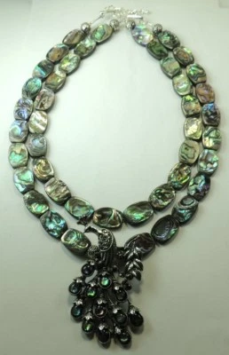 Statement 2 Strand Abalone Necklace with Abalone & Marcasite Peacock Wedding - Image 1 of 4