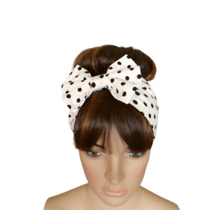 Off White And Black Polka Dot Bow Headband. Stretch Hair Wrap. Hair Covering.