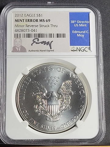 2012 Silver Eagle 1oz Dollar NGC MINT ERROR MS69 UC Moy Hand Signed STRUCK THRU Cover