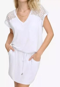 Calvin Klein Women's Soft White Crochet-Shoulder Tunic Cover-Up Size S/M - Picture 1 of 1