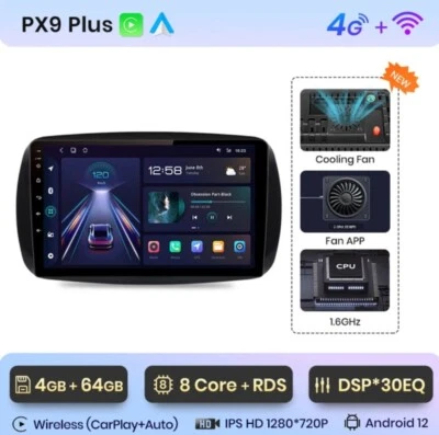 RADIO 2 DIN 9" PARA SMART 453 BLUETOOTH NAVEGADOR ANDROID WiFi 4G CARPLAY 4/64 - Imagen 1 de 4