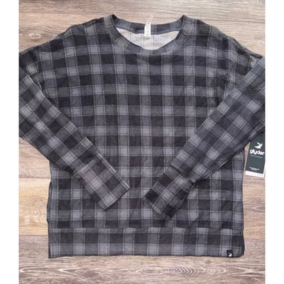 Glyder Plaid Long Sleeve Top Gray Black Soft Lightweight Athleisure - Image 1 of 3